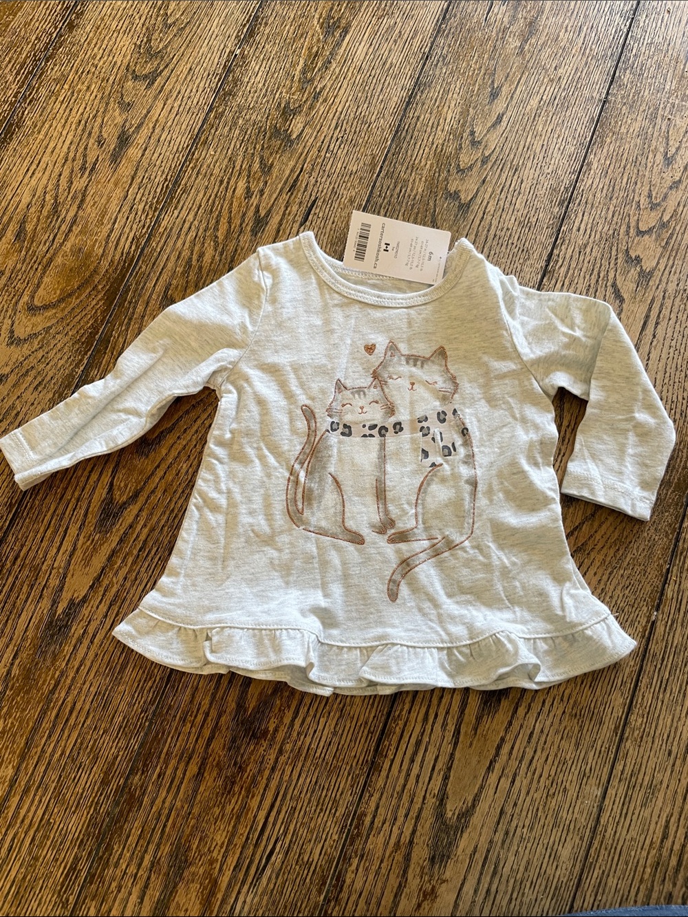 Girls' Long-Sleeve Ruffle Hem Top with Cat Print - Gray